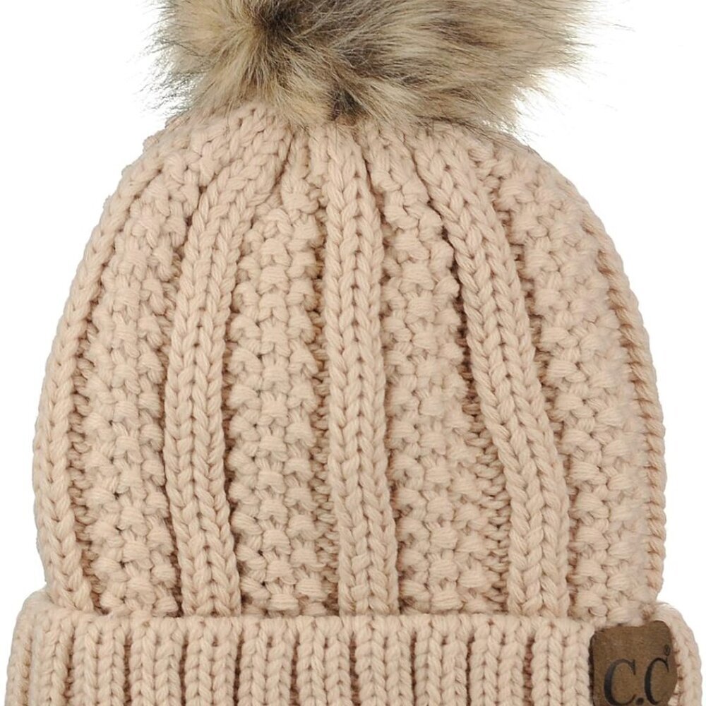 Thick Cable Knit Faux Fuzzy Fur Pom Fleece Lined Skull Cap Cuff Beanie